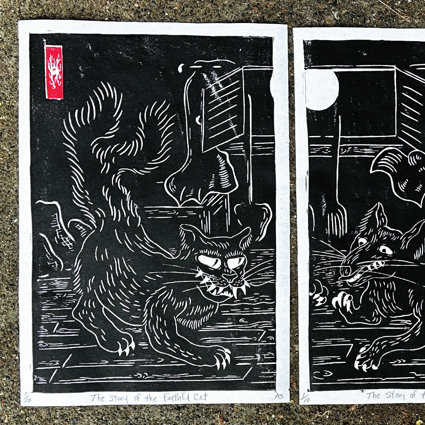 The Faithful Cat Linocut Triptych Print set