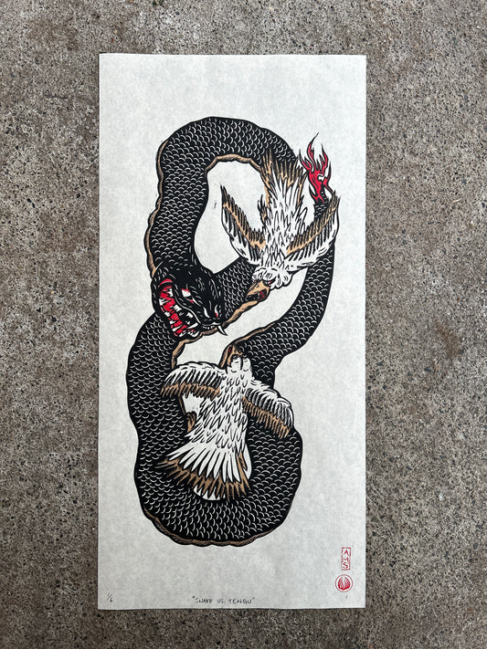 Snake vs. Tengu 3 Layer Linocut Print PROOFS