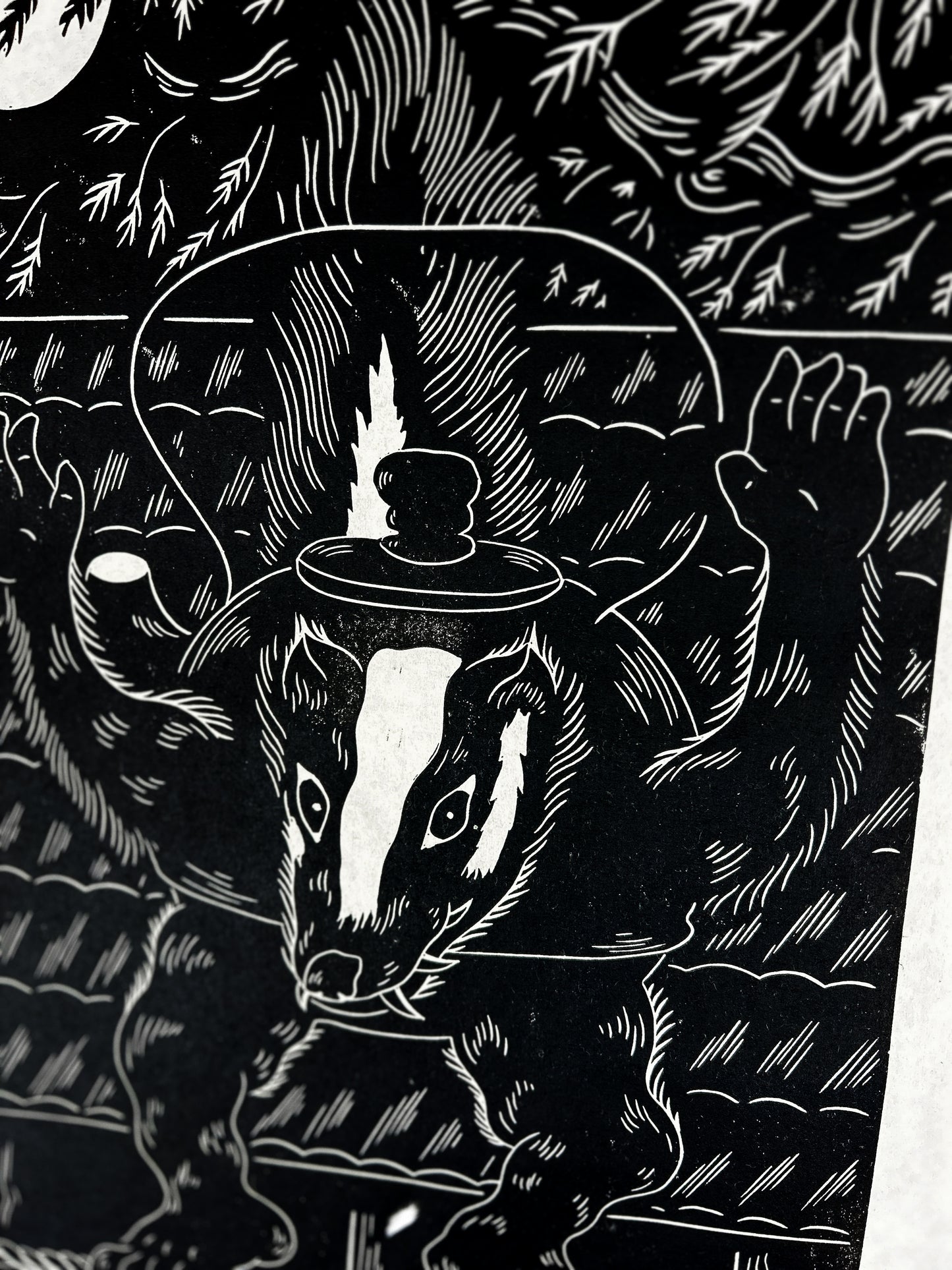 The Lucky Tea Kettle of Morin Temple Lino Print