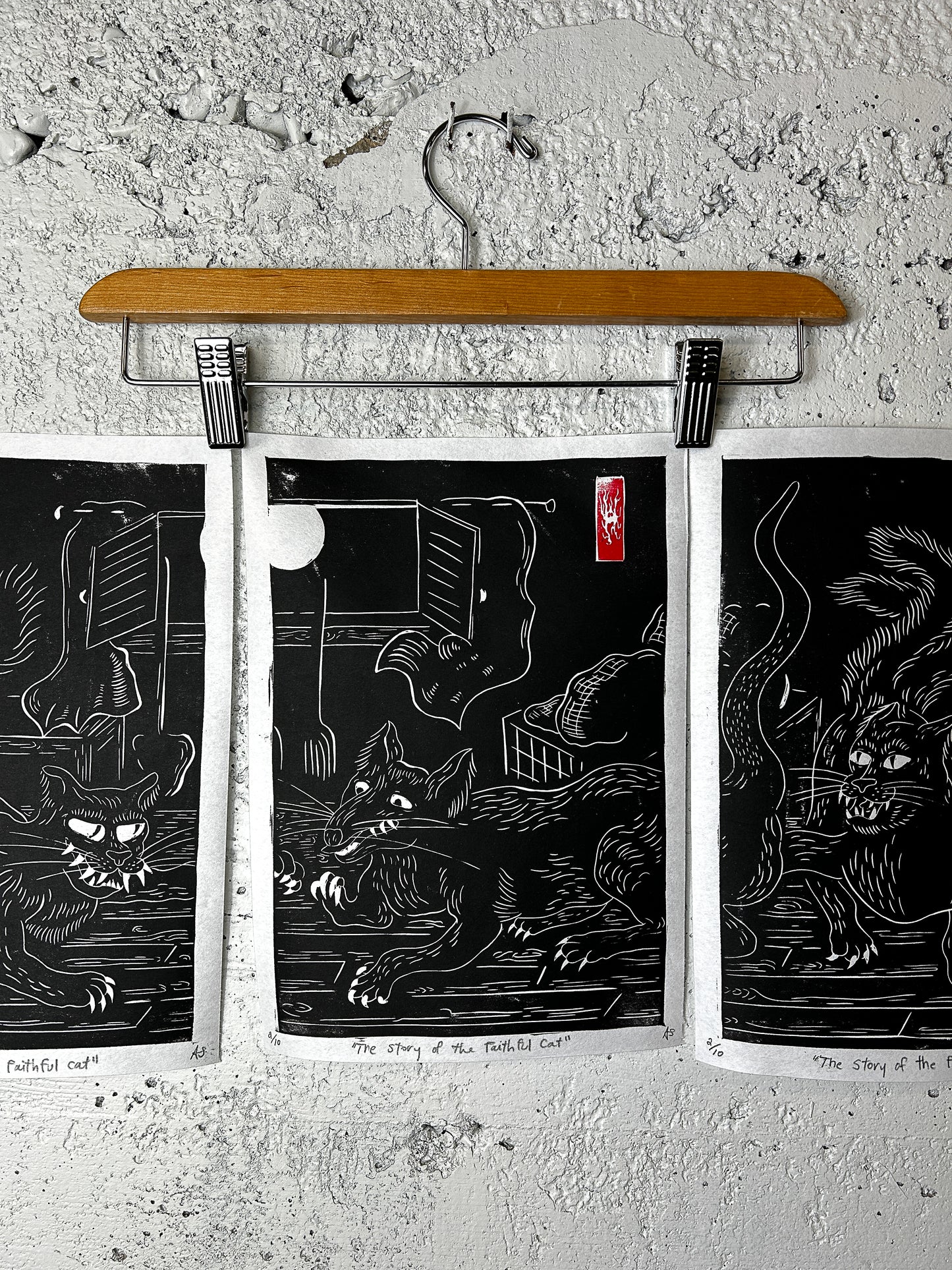 The Faithful Cat Linocut Triptych Print set