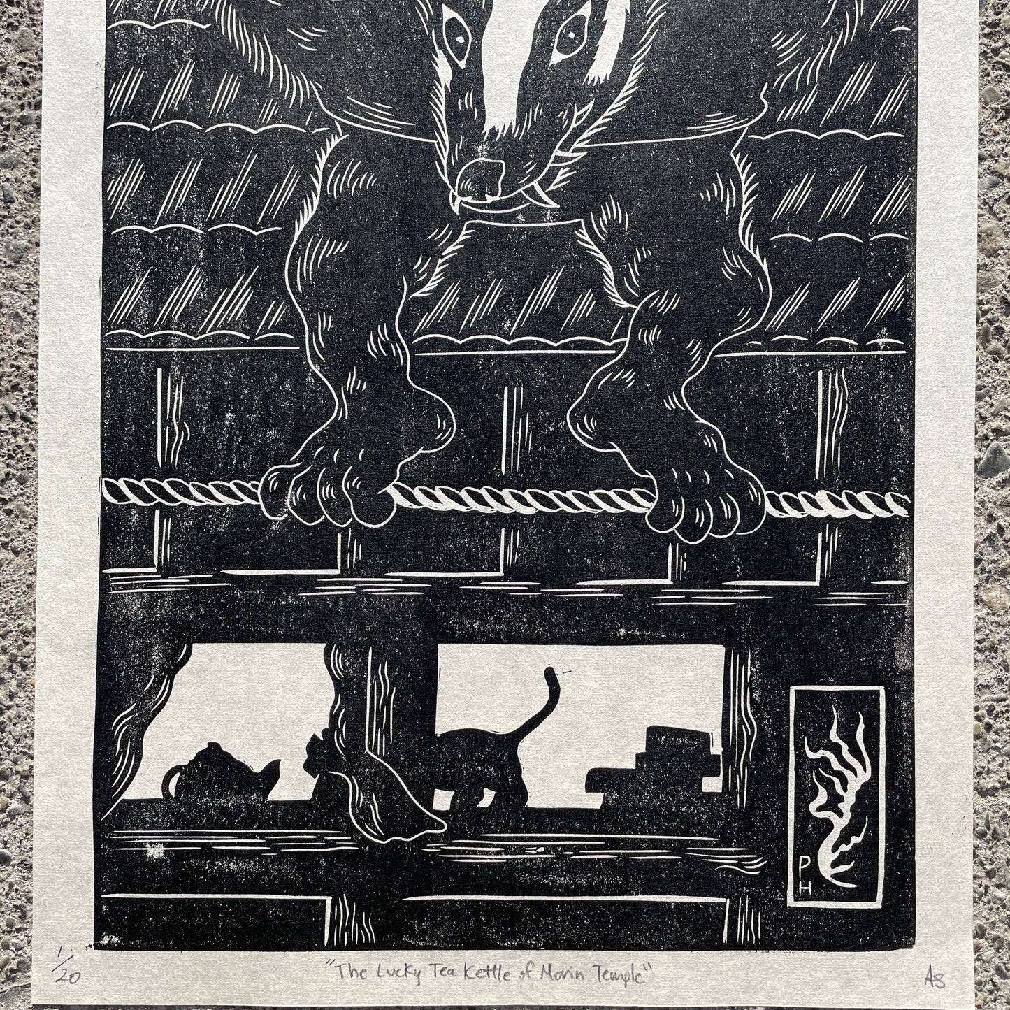 The Lucky Tea Kettle of Morin Temple Lino Print