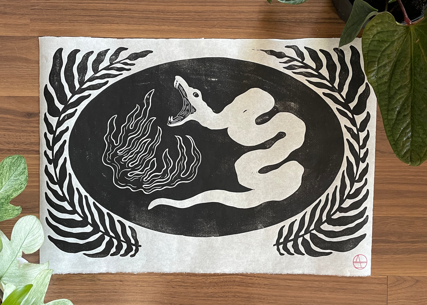 Snake and Flames Linocut Print