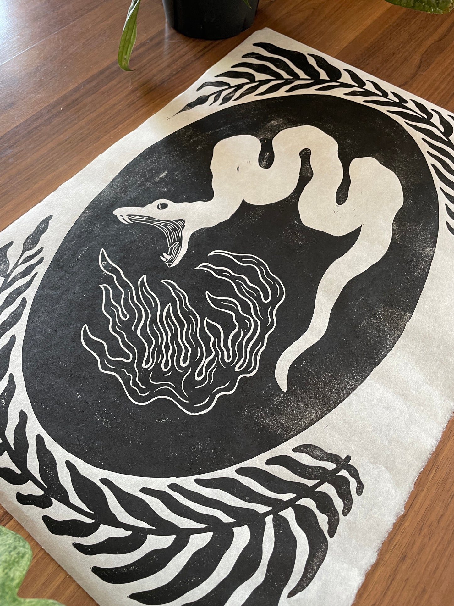 Snake and Flames Linocut Print