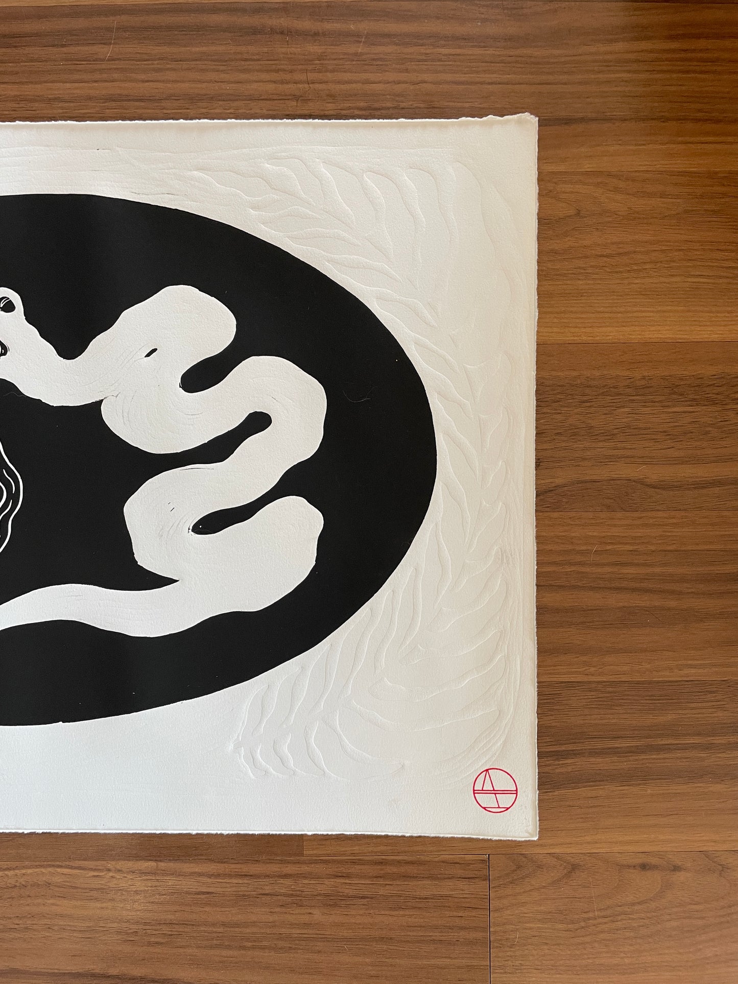 Snake and Flames Linocut Print with Embossing
